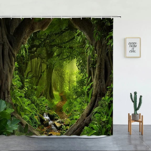 Tropical Rainforest Landscape Shower Curtains Forest Waterfall Beautiful Natural Scenery Luxury Bathroom Decor Screen With