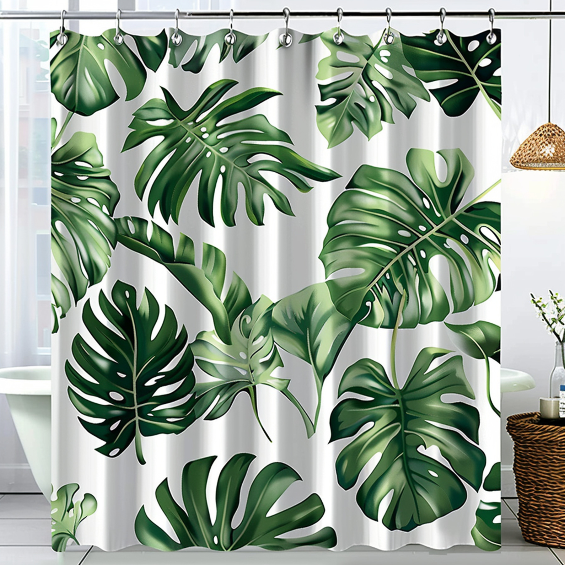 Tropical Rainforest Leaf Print Fabric Shower Curtain Botanical Bathroom