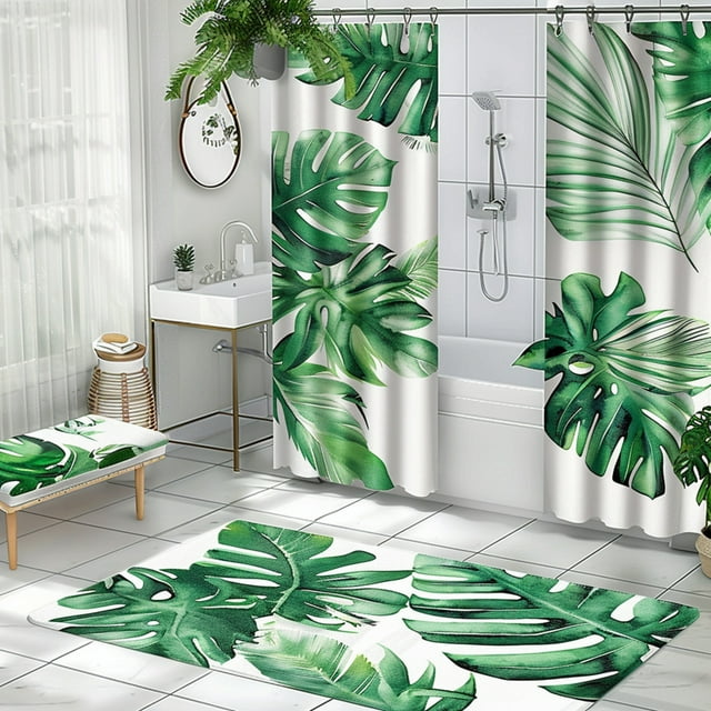 Tropical Rainforest Leaves Bathroom Curtain Set Green White Color