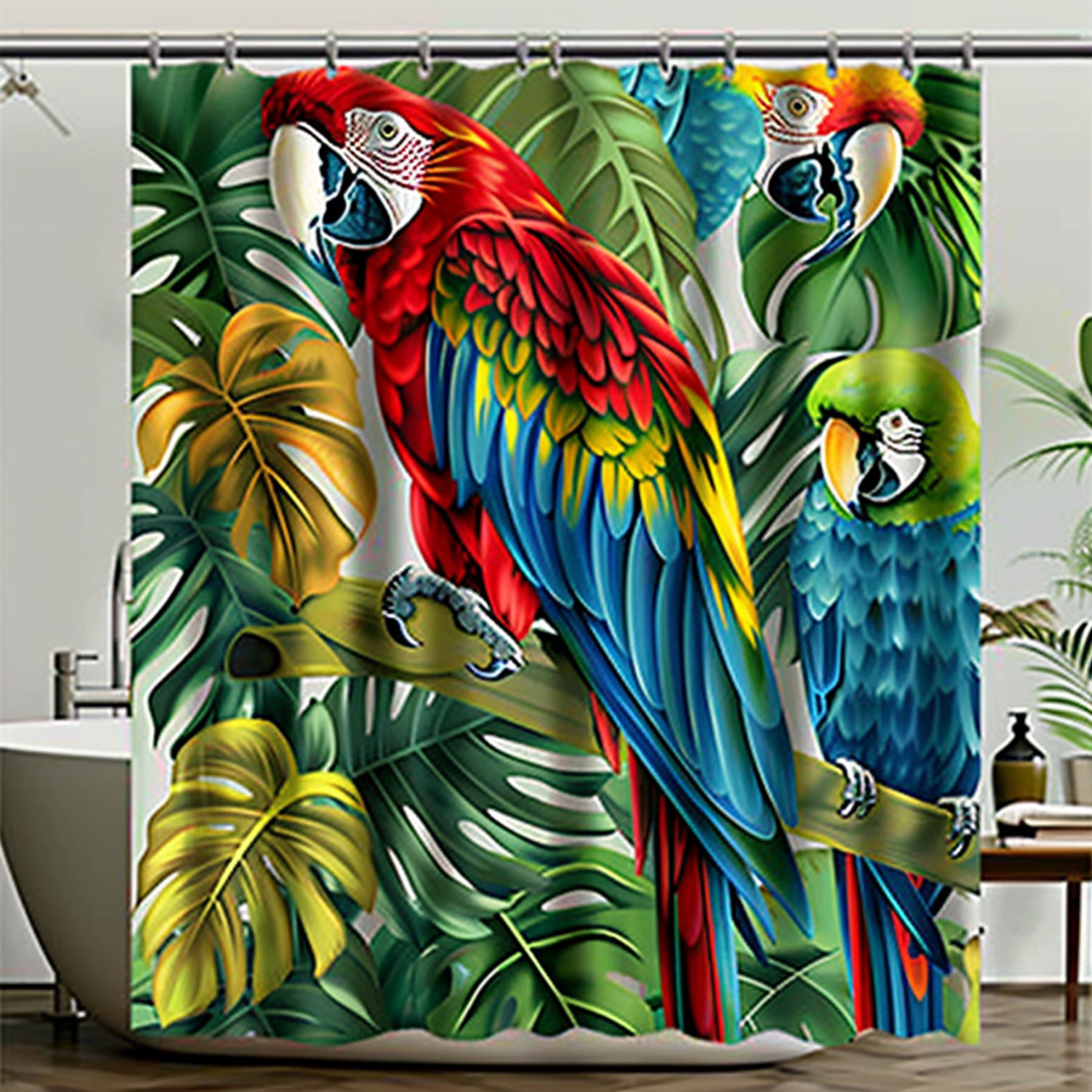 Tropical Rainforest Macaw Shower Curtain with Leaves Design Fabric