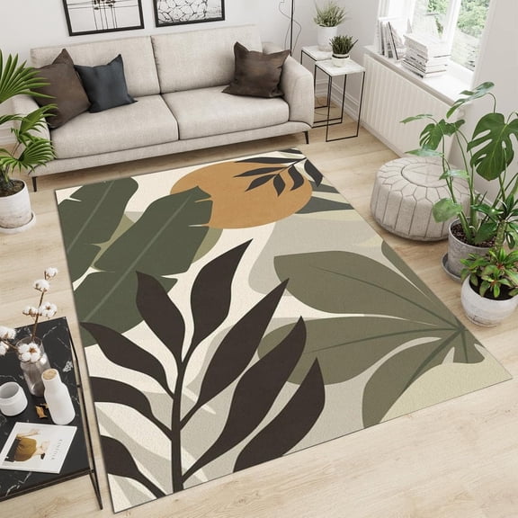 Tropical Rainforest Palm Leaf Area Rug Modern White Plant Sun Large Rugs Indoor Non Slip Machine Washable Breathable Durable Carpet Front Entrance Floor Decor 2x3 Small Non-slip Soft