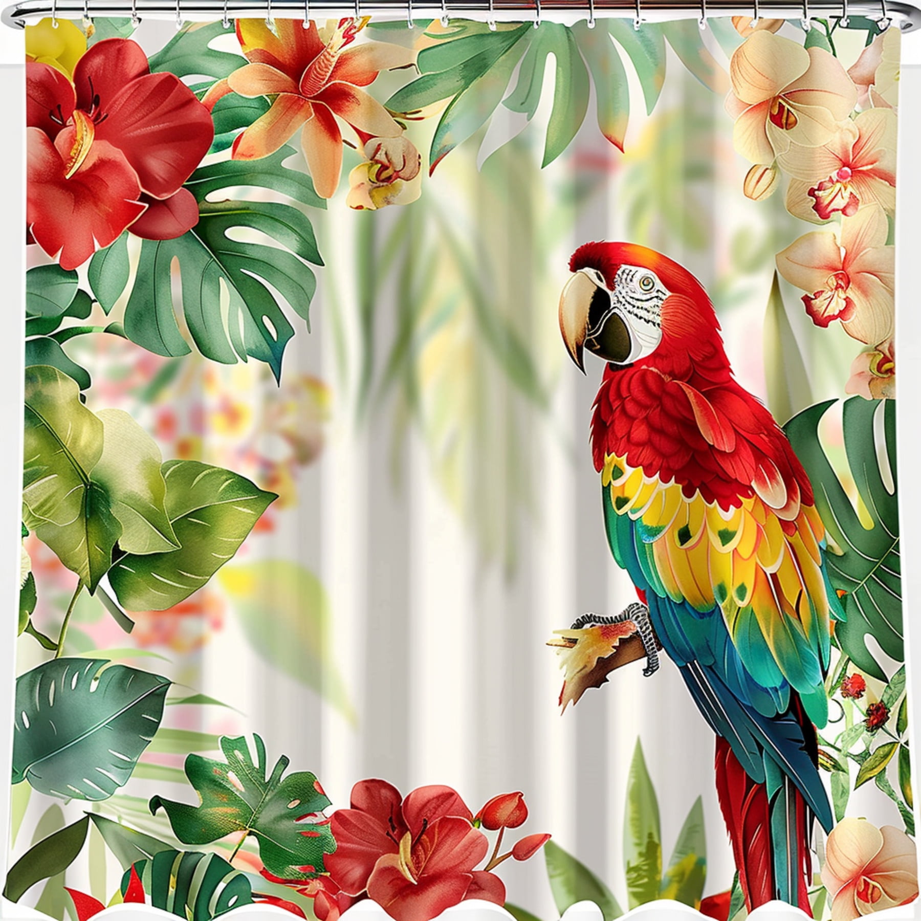 Tropical Rainforest Parrot Shower Curtain with Exotic Birds and