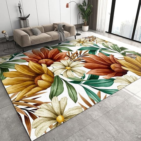 Tropical Rainforest Plants Area Rug, Brown White Orchid Green Leaves Apartment Carpet, Large Area Rug High Density Dust-Proof Apply To Farmhouse Bedroom Area Cafe Office Hotels 3x4ft