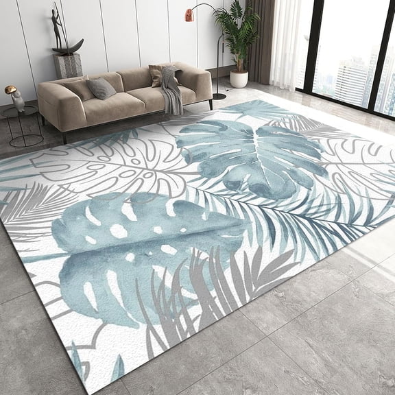 Tropical Rainforest Plants Area Rugs, Hand Drawn Gray and White Banana Palm Leaves Bedroom Rug, Non-Slip Carpet Fast Drying Machine Washable Apply to Office Family and Pet,3ft x 4ft