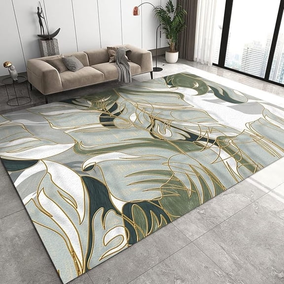 Tropical Rainforest Plants Area Rugs, Luxurious Golden Lines Green Banana Leaves Area Carpet, Bedroom Rug Fine Fluff Short Velvet Apply To Hallways Perfect For Hardwood Floors 5x6ft