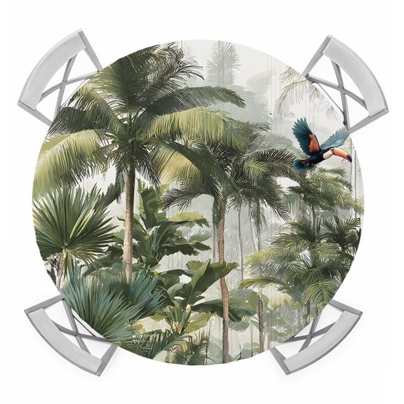 Tropical Rainforest Round Table Cover, Toucan Bird Summer Palm Tree Waterproof Fitted Tablecloths for 36"-44" Tables, Washable Picnic Table Cover for Camping Dining Indoor Outdoor