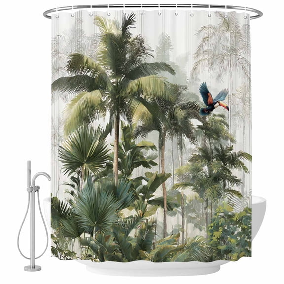 Tropical Rainforest Shower Curtain for Bathroom, Toucan Bird Summer Palm Tree Waterproof Cloth Fabric Bathroom Accessories Set with 12 Rust Proof Plastic Hooks, 72"x78"