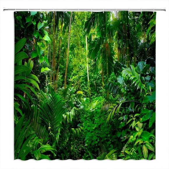 Tropical Rainforest Shower Curtain Green Palm Leaves Jungle Plant Nature Landscape Lush Foliage Shrub Tree Forest Outdoor Exotic Botanical Polyester Curtains Bathroom Decor with Hooks