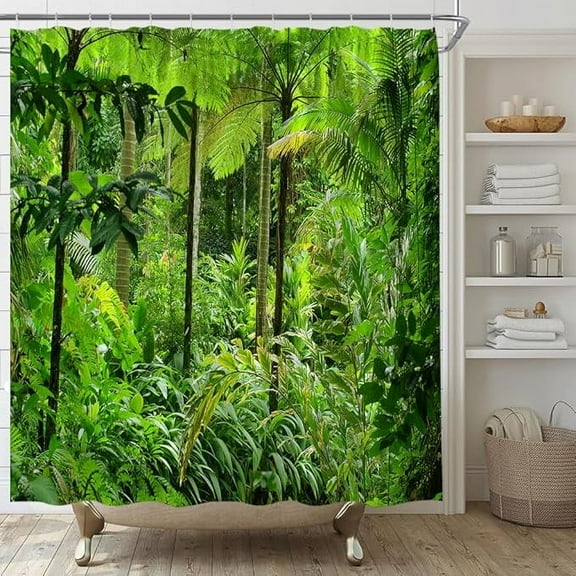 Tropical Rainforest Shower Curtain Jungle Green Forest Palm Tree Leaves Nature Landscape Outdoor Plants Fabric Bathroom Decor Set Include Hooks 48"W x 72"L (Pack of 1)