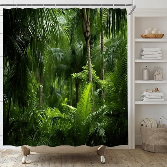 Tropical Rainforest Shower Curtain Jungle Green Forest Palm Tree Leaves Nature Landscape Outdoor Plants Fabric Bathroom Decor Set Include Hooks 72"W x 72"L (Pack of 1)