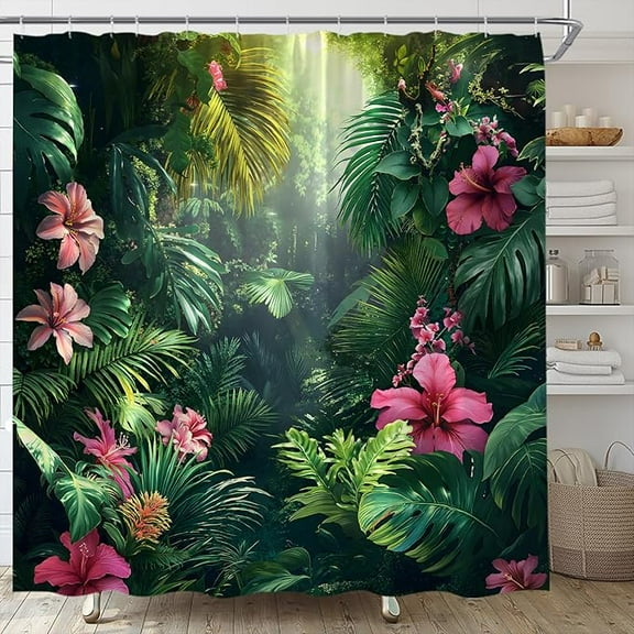Tropical Rainforest Shower Curtain Jungle Palm Leaf Flower Green Plant Forest Nature Scenery Fabric Bathroom Curtain With Hooks 54"W x 72"L