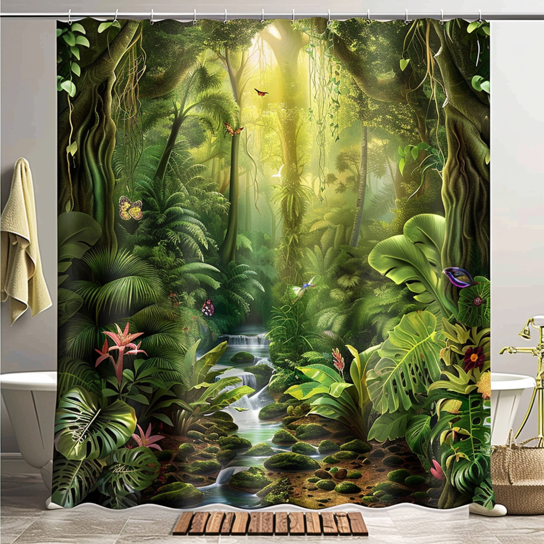 Tropical Rainforest Shower Curtain Lush Greenery Flowers Butterfly