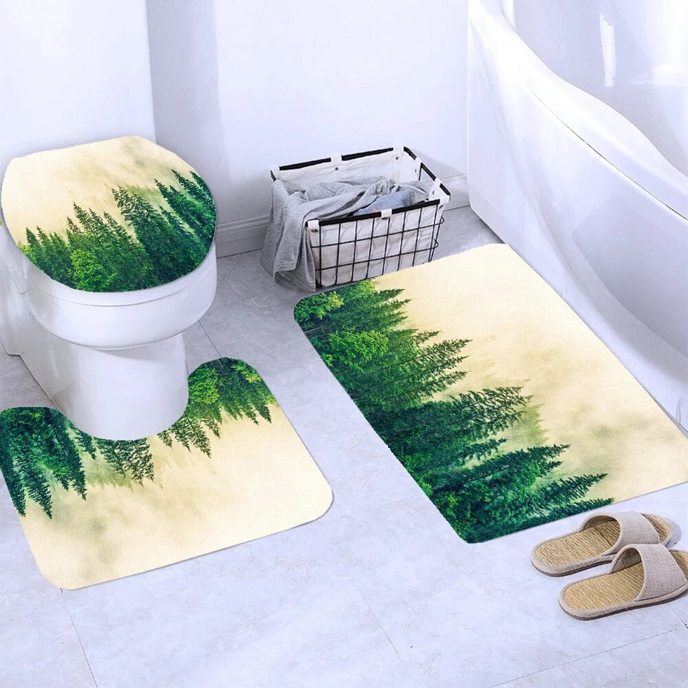 Tropical Rainforest Shower Curtain Set Bath Mat Rug Toilet Cover Natural Scenery Forest Bathroom ...