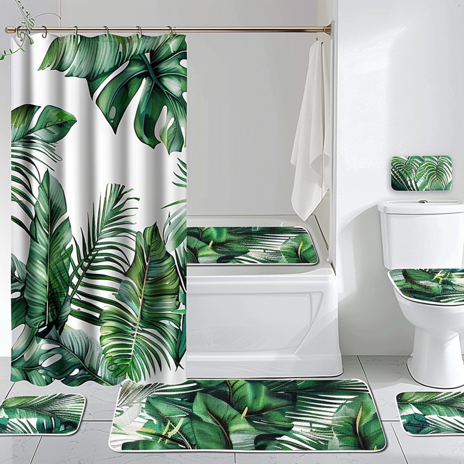 Tropical Rainforest Shower Curtain Set with Green Leaves Bathroom Decor and Curtain White