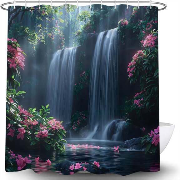 Tropical Rainforest Shower Curtain, Waterfall Floral Jungle Waterproof Bathroom Curtain with Hooks, Nature Bathroom Decor 36"W x 72"H