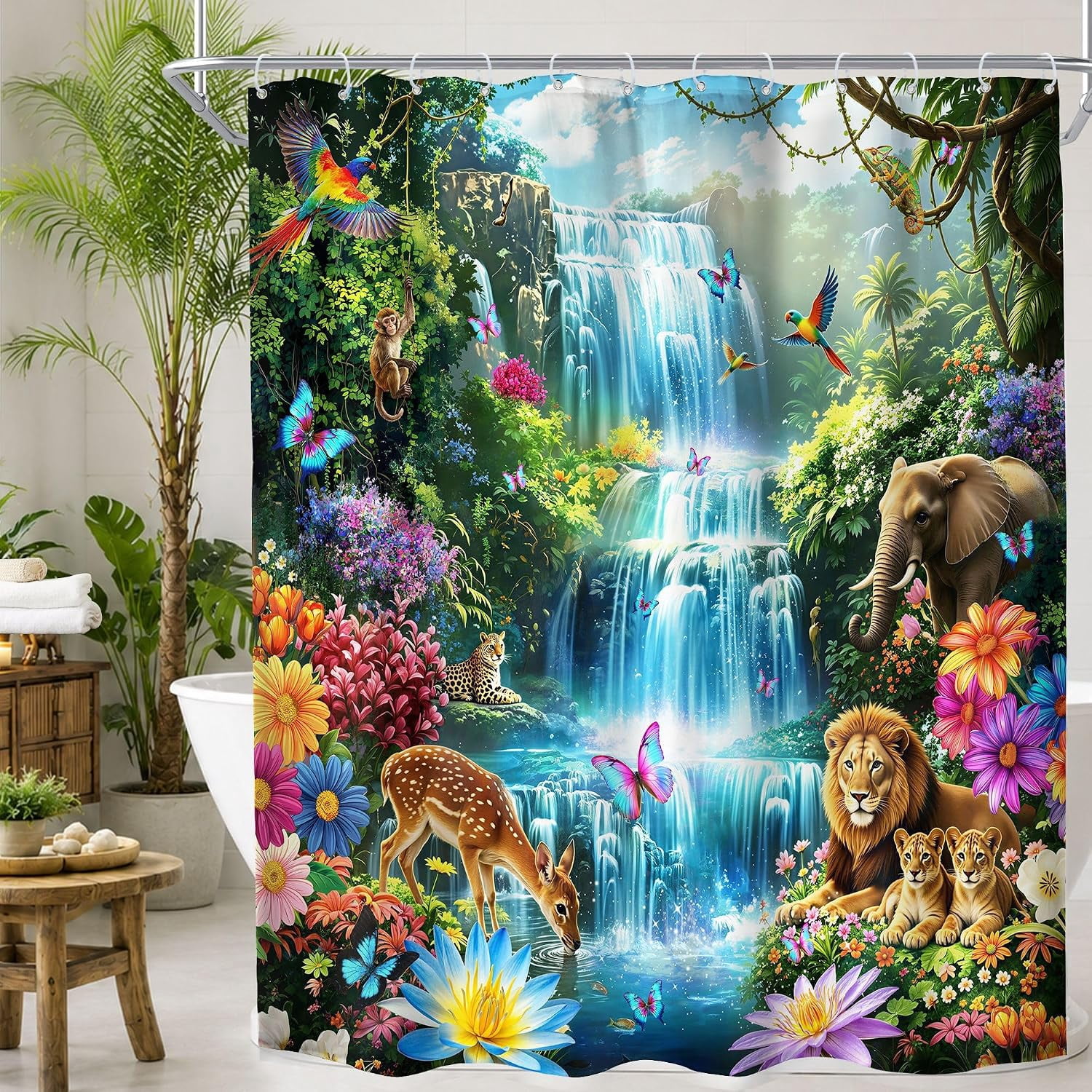 Tropical Rainforest Shower Curtain Wildlife Waterfall Shower Curtain ...