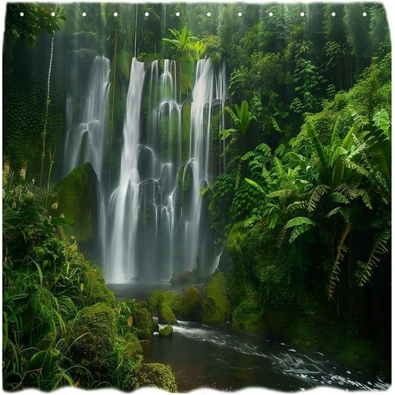 Tropical Rainforest Shower Curtain&nbsp;- Waterfall Scenic Green Forest Plant Botanical Jungle Nature Decor, Fabric Curtain with Hooks, Perfect for Nature-Lovers' Bathrooms Bohemian and Vintage
