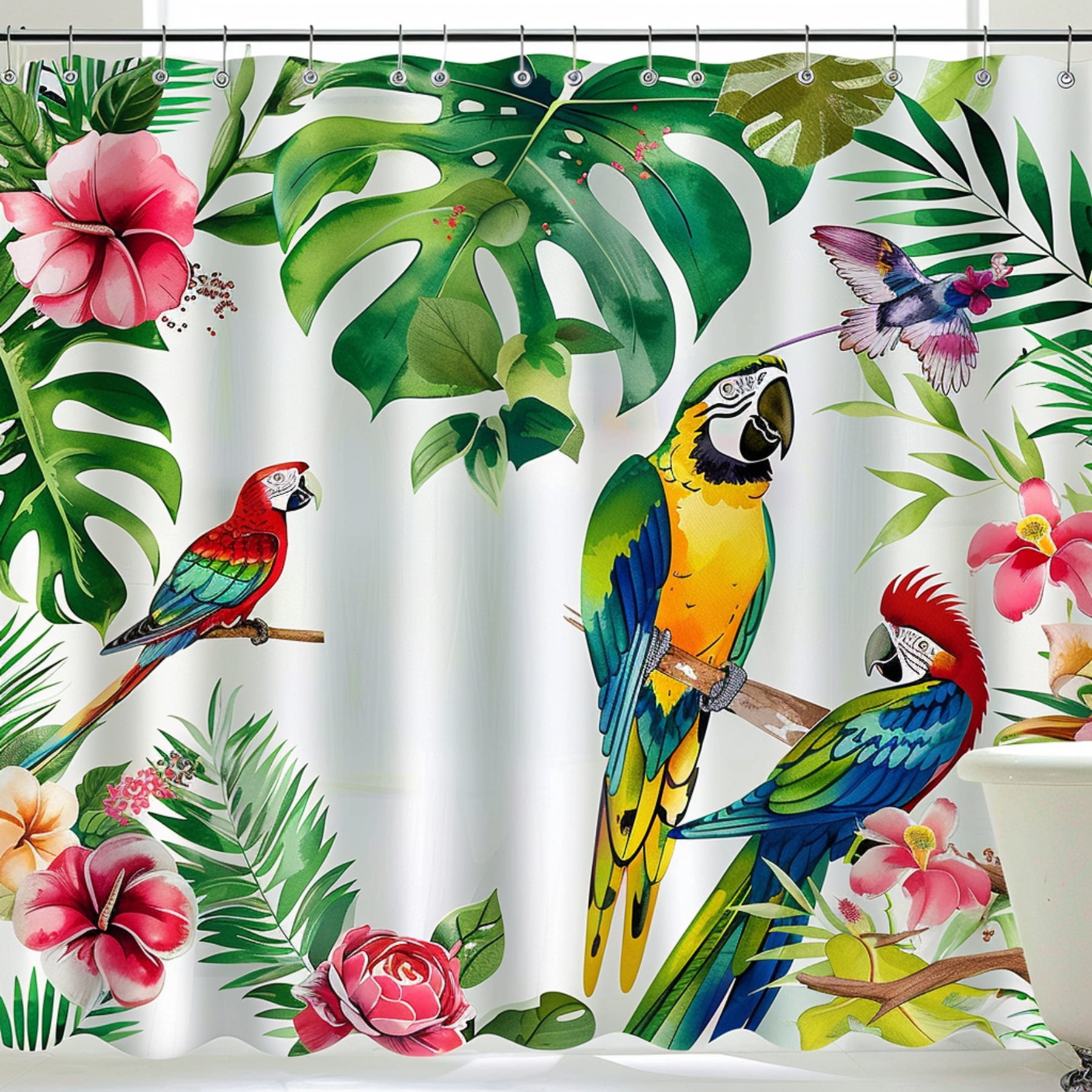 Tropical Rainforest Shower Curtain with Exotic Flowers and Parrots