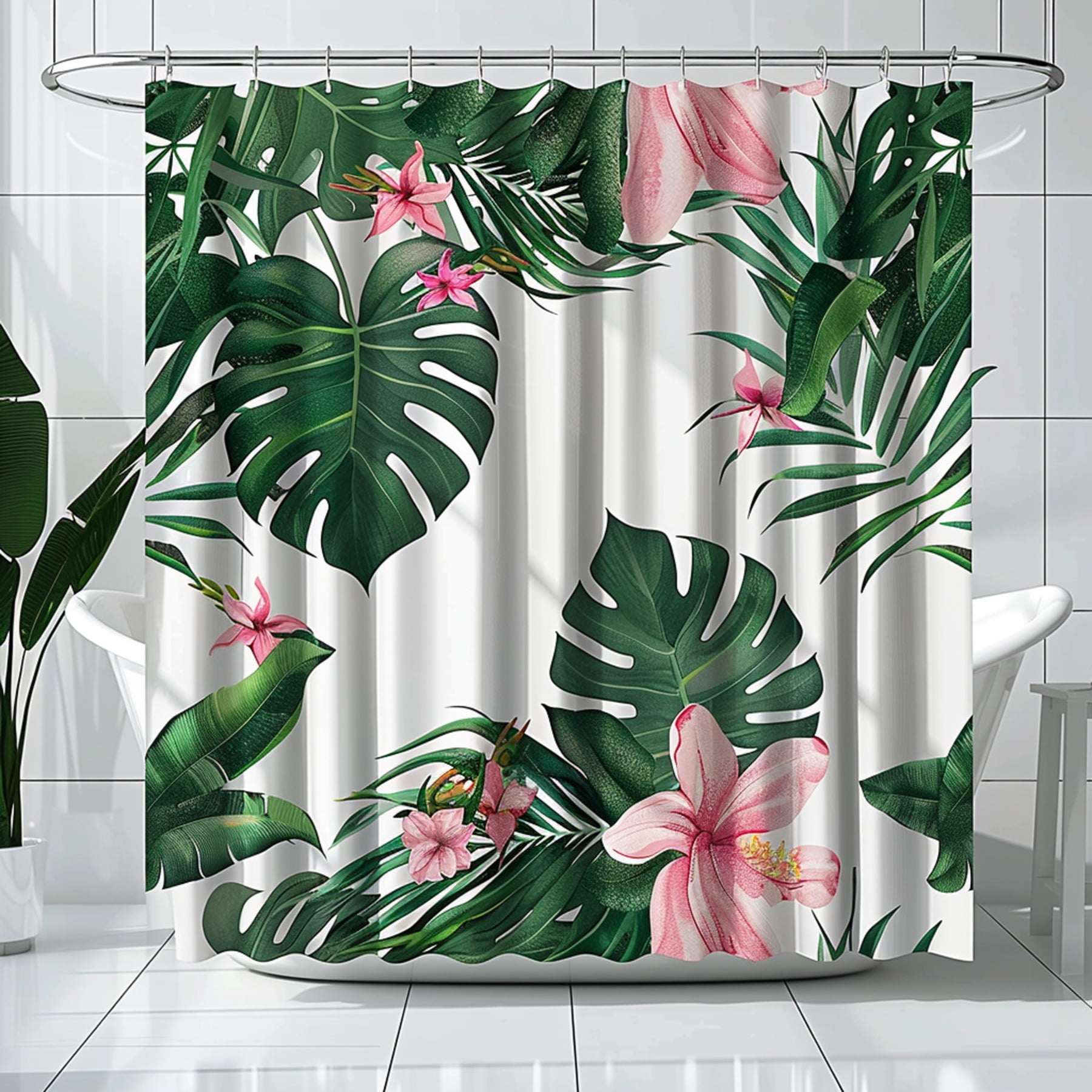 Tropical Rainforest Shower Curtain with Pink Flowers and Green Leaves Bathroom Decor White