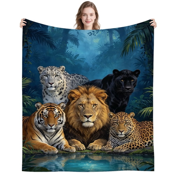 Tropical Rainforest Tiger Leopard Lion Blanket Gifts for Men Women Adults Dad Soft Cozy Jungle Wildlife Tigers Leopards Lions Throw Blankets for Couch Camping Home Decor 50x40 Inch