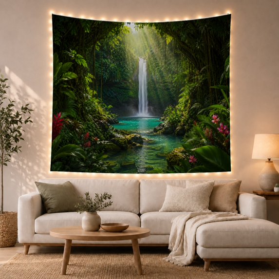 Tropical Rainforest Waterfall in Misty Canopy, Serene Boho for Nature Lovers, Botanical Wall Art Decor, Housewarming Gift Tapestry Wall Hanging for Bedroom and Living Room