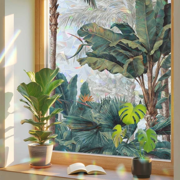 Tropical Rainforest Window Privacy Film, Bird of Paradise Flower Summer Palm Tree Stained Glass Rainbow Film Decorative Window Clings, Static Cling Sun Blocking Stickers 17.7" x 39.3"