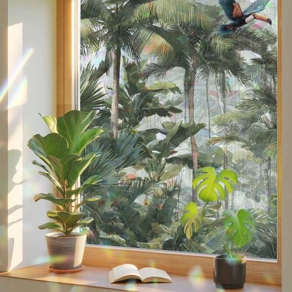 Tropical Rainforest Window Privacy Film, Toucan Bird Summer Palm Tree Stained Glass Rainbow Film Decorative Window Clings, Static Cling Sun Blocking Stickers 17.7" x 39.3"