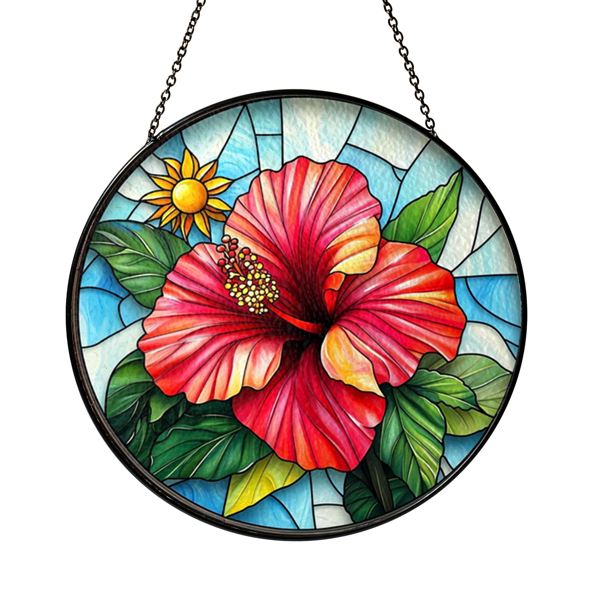 Tropical Red Hibiscus Stained Glass Window Hanging, Round Decorative ...