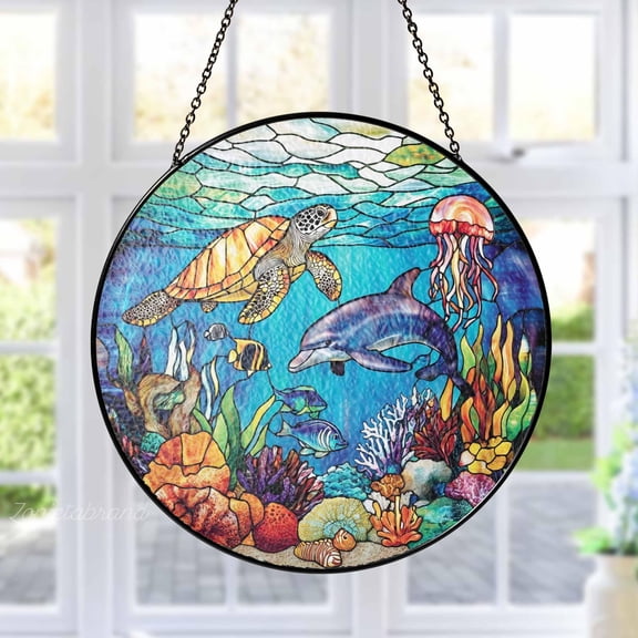 Tropical Reef Glass Suncatcher, Ocean Window Hanging Decor, Sea Life Gift, Beach House Ornament, Ocean Lover, Scuba Diving Scene Art