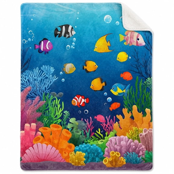 Tropical Reef Sherpa Blanket, Colorful Fish Fleece Throw