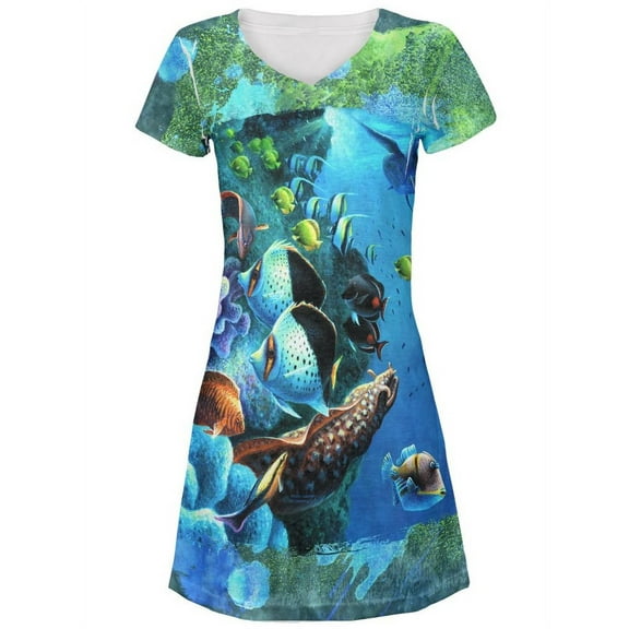 Tropical Reef Splatter Juniors V-Neck Beach Cover-Up Dress