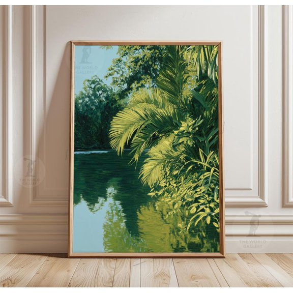 Tropical River Jungle Poster, Palm Tree Landscape Art