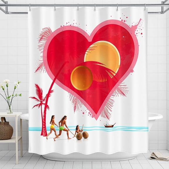 Tropical Romance Shower Curtain with Heart Design & Beach Scene for Bathroom Decor