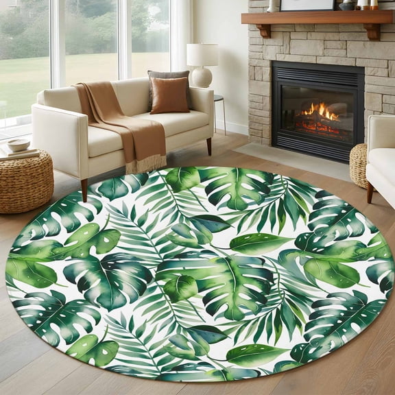 Tropical Round Area Rug 5 FT, Non Slip Bedroom Area Rug, Green Palm Leaf Summer Plant Washable Soft Circular Carpet Non-Shedding Floor Mat for Kitchen Dining Room Foyer Balcony Dorm