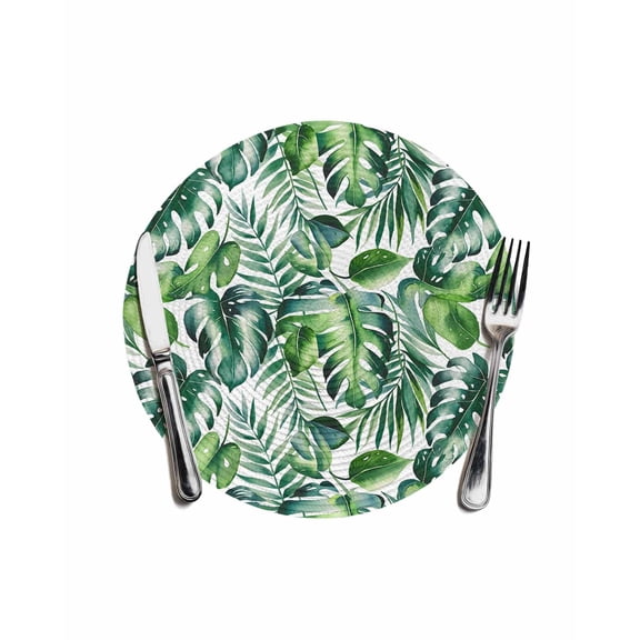 Tropical Round Placemats for Dinning Tables, Heat-proof Braided Table Mats 13 Inch, Green Palm Leaf Summer Plant Washable Place Mat for Kitchen Restaurant Party Decor Supplies Table Setting
