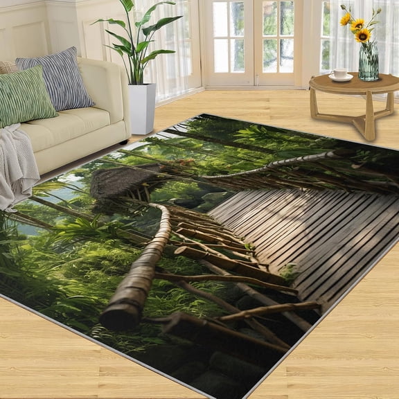 Tropical Rugs for Bedroom - Rainforest Rug, Bathroom Rug, Landscape Carpet for Living Room, Wooden Bridge Area Rugs, Greenery Carpet, Scenery Home Decor & Gifts 3x4ft