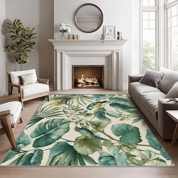 Tropical Rugs for Living Room -Parrot Rug, Palm Leaf Monstera Area Rugs for Bedroom, Jungle Botanical Washable Carpet for Entryway, Kitchen, Green Leaf Exotic Home Decor & Gifts 5 x 8ft