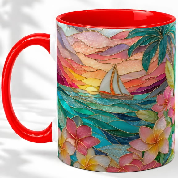 Tropical Sailboat Accent Mug, 11oz Ceramic Coffee Cup for Ocean Lovers