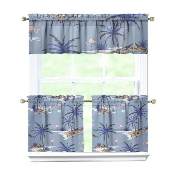 Tropical Sailboat and Coast Polyester Kitchen Curtain Set, 3PCS 27.5x24 Inch Panels with Valance for Hawaiian Inspired Decor