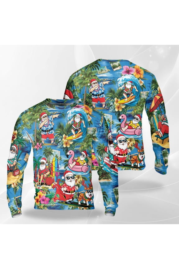 Tropical Santa Christmas Sweatshirt, Funny Surfing Holiday Crewneck, Hawaiian Beach Xmas Pullover, Cool Summer Santa Sweater for Men Women Friends