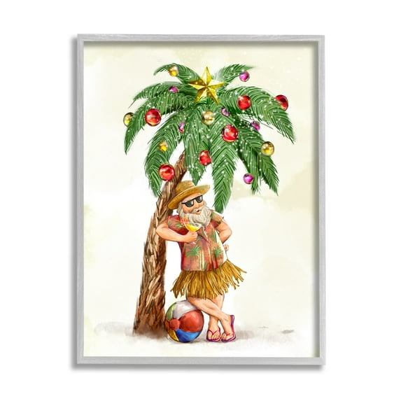 Tropical Santa Claus Lounging Palm Tree Ornaments Coastal Painting Framed Art Print Wall Art