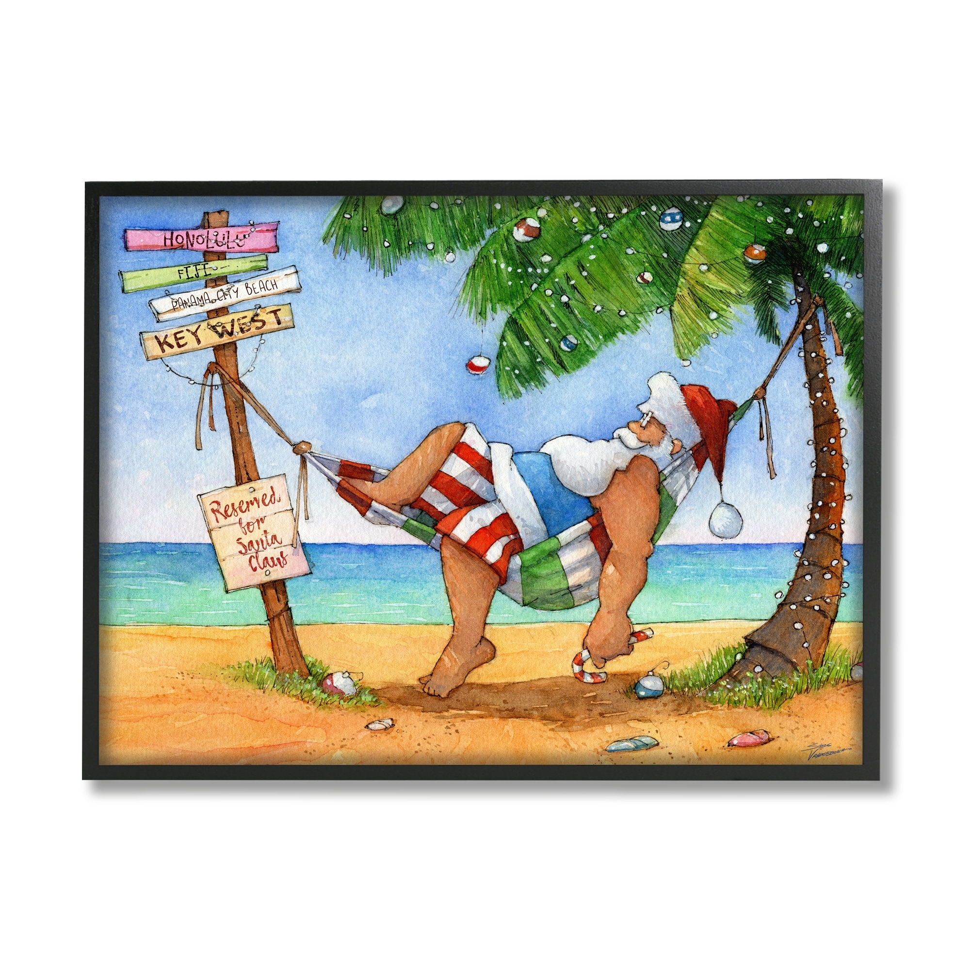 Tropical Santa Claus Resting Hammock Festive Palm Tree Holiday Painting Framed Art Print Wall Art