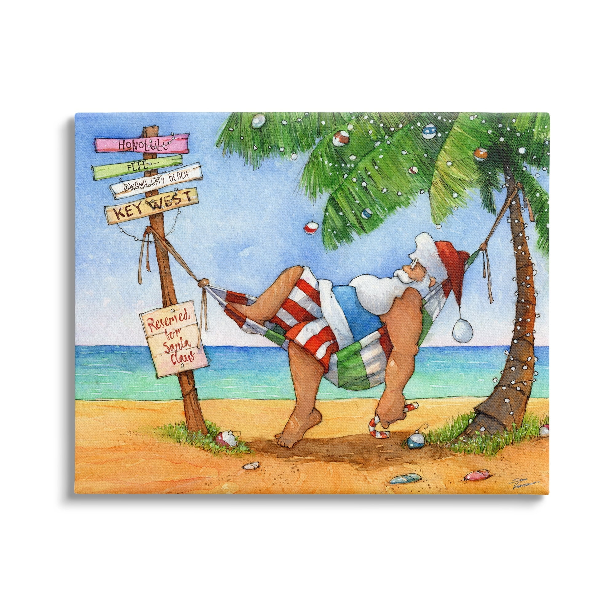 Tropical Santa Claus Resting Hammock Festive Palm Tree Holiday Painting Gallery-Wrapped Canvas Print Wall Art
