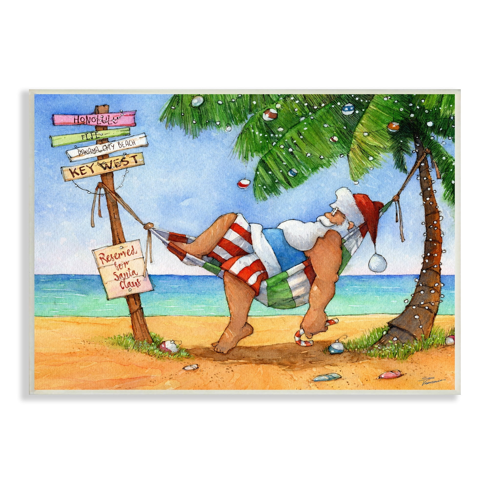 Tropical Santa Claus Resting Hammock Festive Palm Tree Holiday Painting Unframed Art Print Wall Art