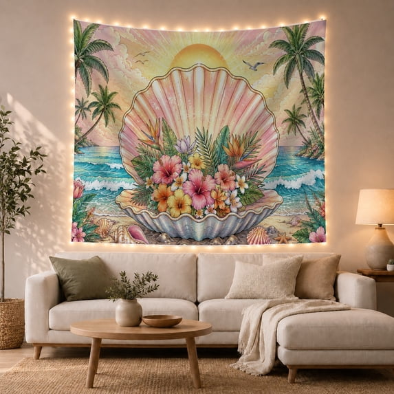 Tropical Scallop Shell with Flowers on Sandy Beach, Dreamy Coastal for Beach Lovers, Ocean Life Artwork, Housewarming Gift, Tapestry Wall Hanging for Living Room and Bedroom