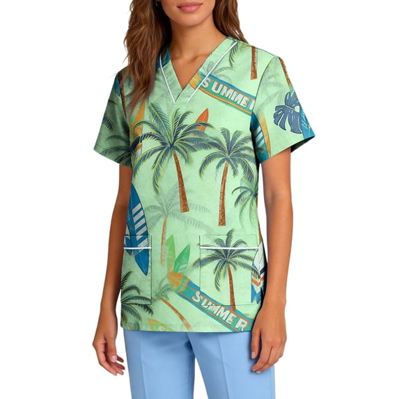 Tropical Scrub Tops for Women Casual Short Sleeve Working Uniform Summer Hawaiian Printed Scrub T Shirts Medicals Nursing Scrub Shirts with Pockets