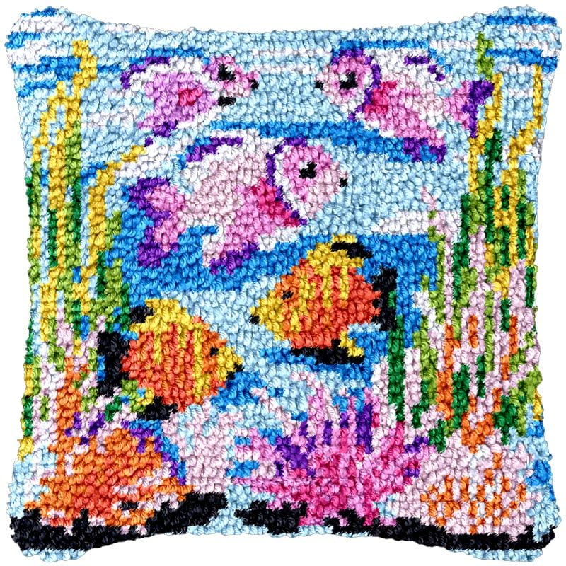 Tropical Sea Fish Latch Hook Pillow Cover Kits for Needlework Cushion Throw Pillow Cross Stitch Crochet Hook Pillowcase Rug Kits Printed Canvas Crochet Yarn Kits Needlework 17'' X 17''