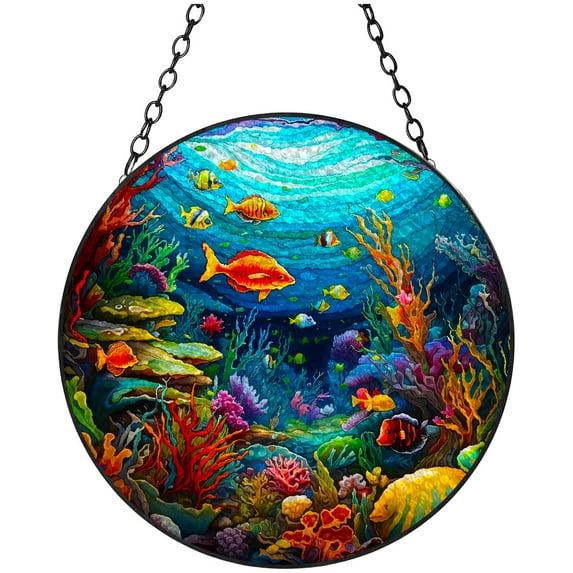 Tropical Sea Fishes Corals Stained Glass Suncatcher Handmade Window Hanging Colored Glass Suncatcher Crafts Kits for Indoor Garden Decor Memorial Gift 16x16cm(2)