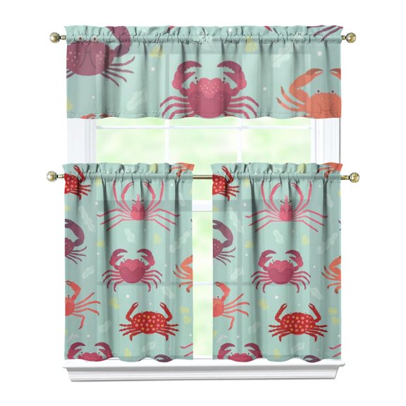 Tropical Sea Life Kitchen Curtains 3-Piece Set - Watercolor Crab Design, Semi-Sheer Farmhouse Tier Curtains with Valance, Easy Care