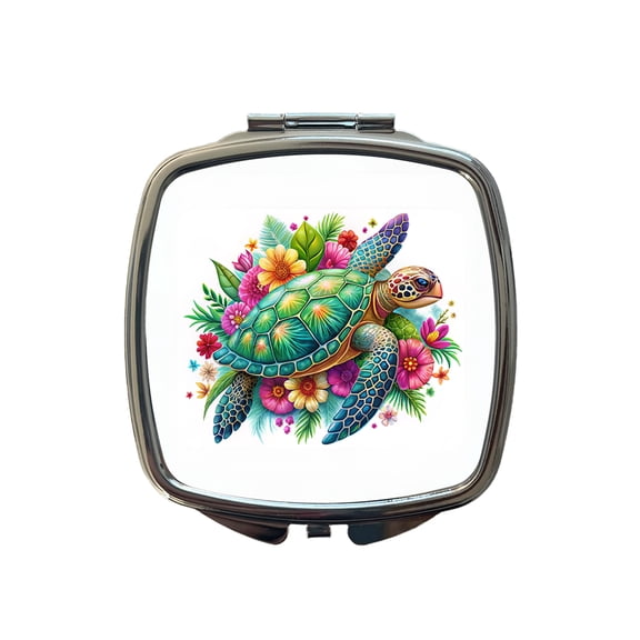 Tropical Sea Turtle Floral Design Travel Makeup Handbag Purse Small Pocket Compact Mirror